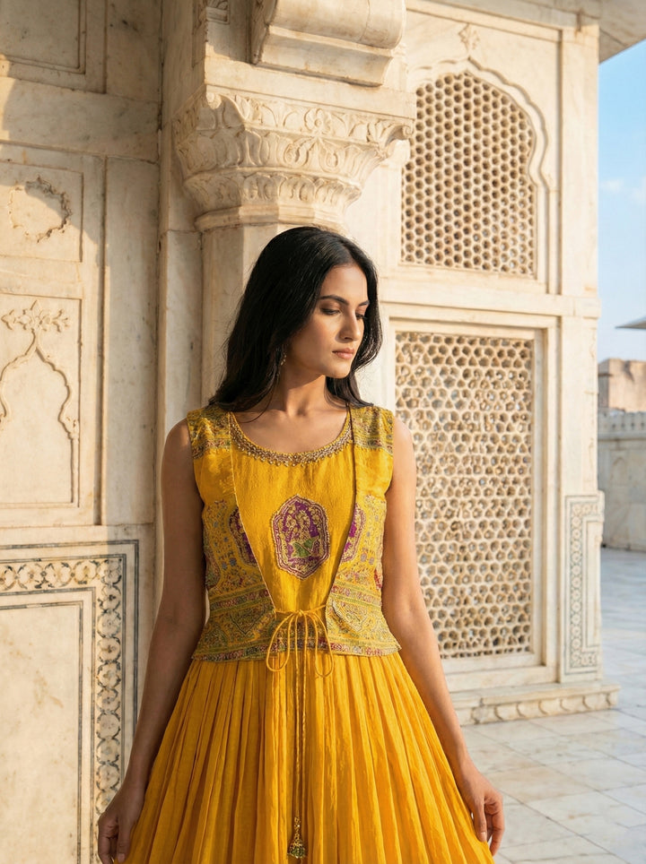 Mustard Georgette Digital Print Long Dress