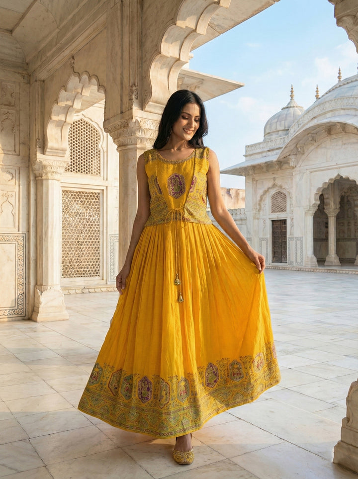 Mustard Georgette Digital Print Long Dress