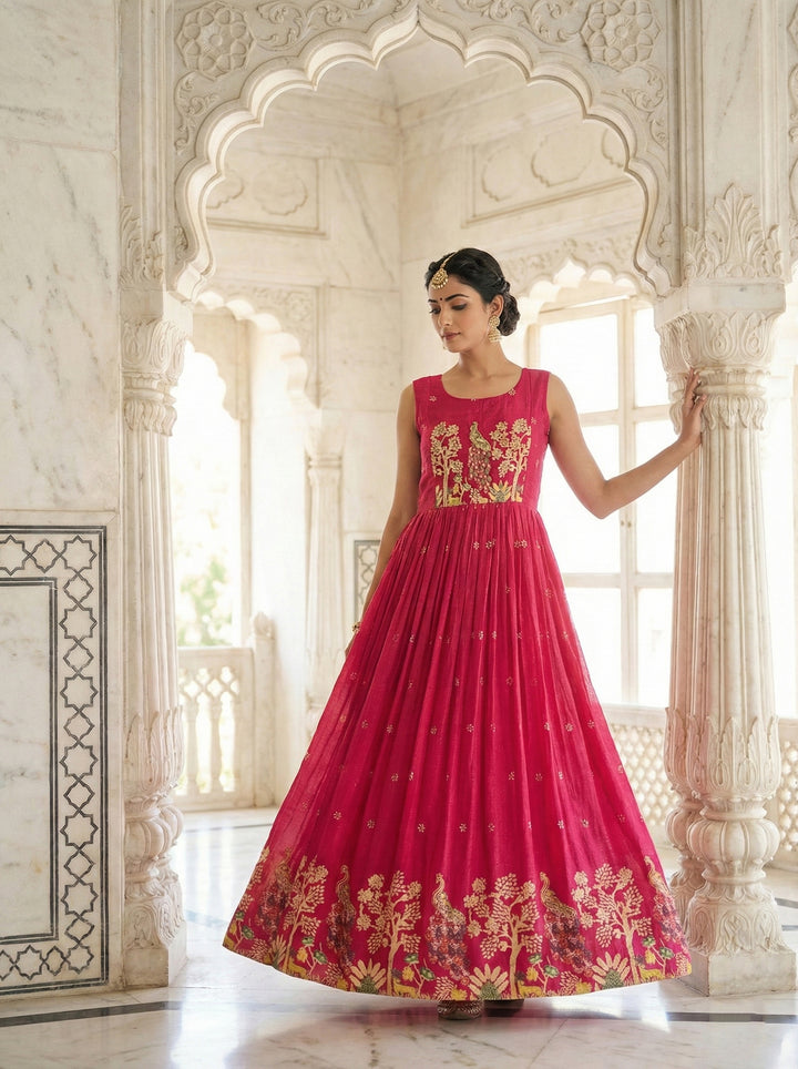 Rani Chinon Peacock Motif Block Print Long Dress