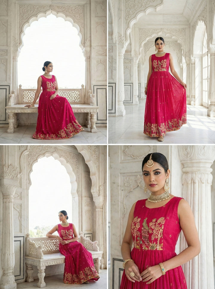 Rani Chinon Peacock Motif Block Print Long Dress