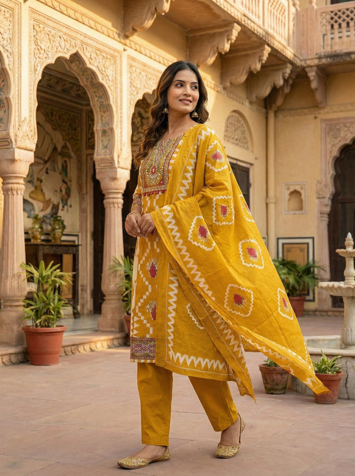 Mustard Cotton Digital Print Three Piece Set