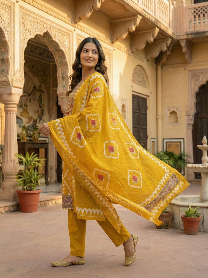 Mustard Cotton Digital Print Three Piece Set