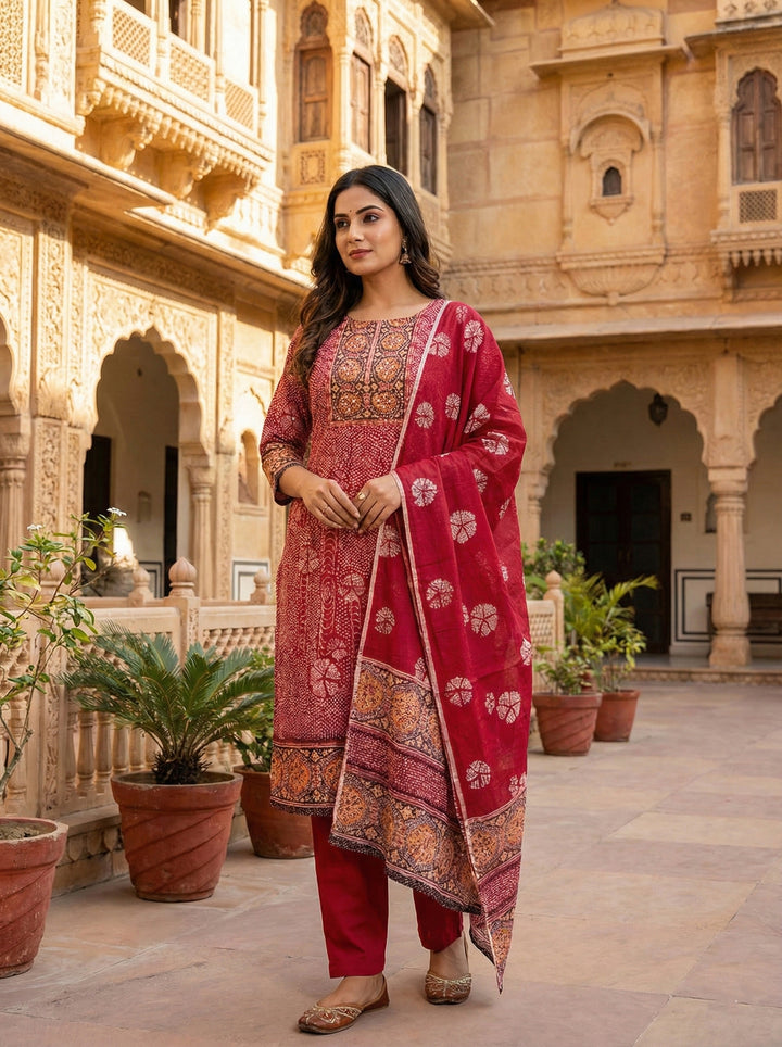 Maroon Cotton Digital Print Three Piece Set