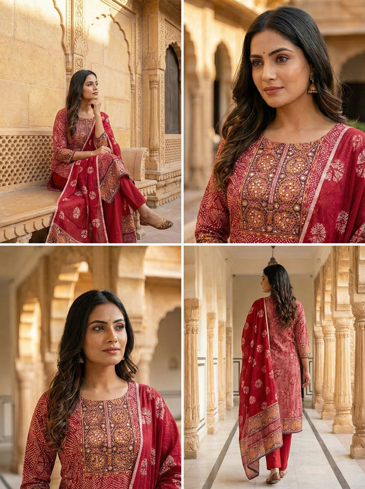 Maroon Cotton Digital Print Three Piece Set