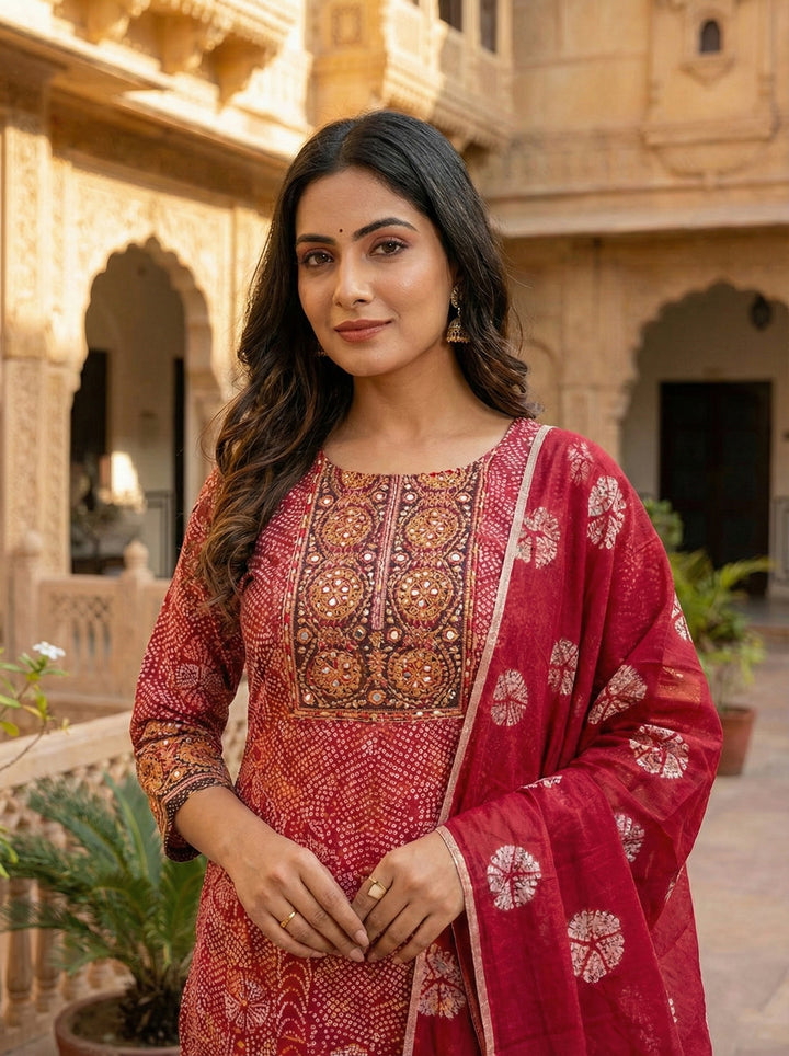 Maroon Cotton Digital Print Three Piece Set
