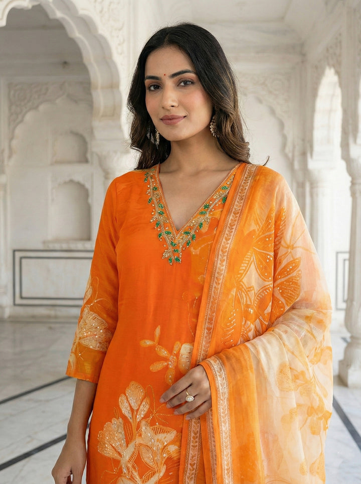 Orange Crepe Floral Digital Print Three Piece Set