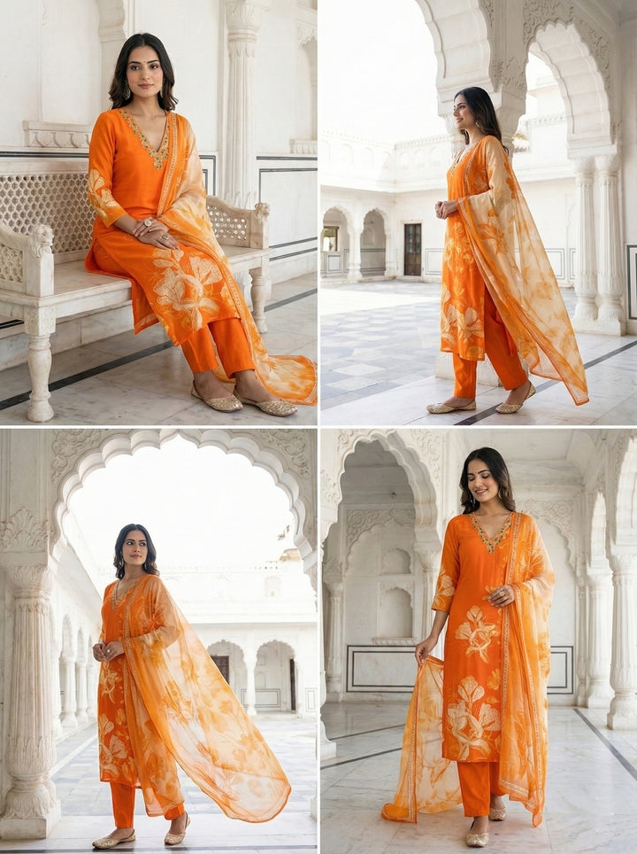 Orange Crepe Floral Digital Print Three Piece Set