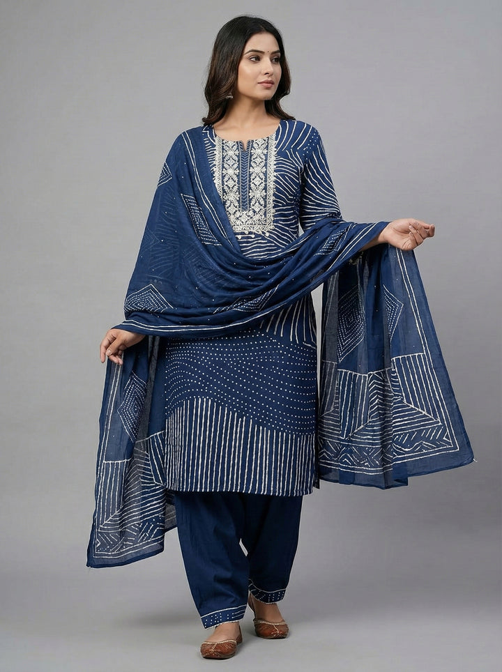 Navy Blue Cotton Digital Print Three Piece Set