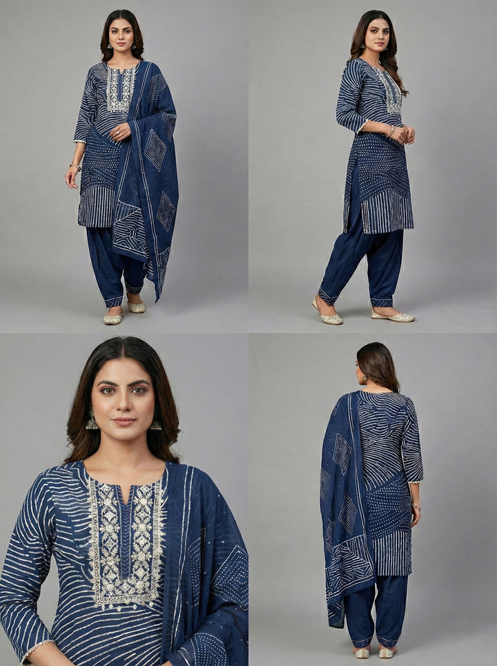 Navy Blue Cotton Digital Print Three Piece Set