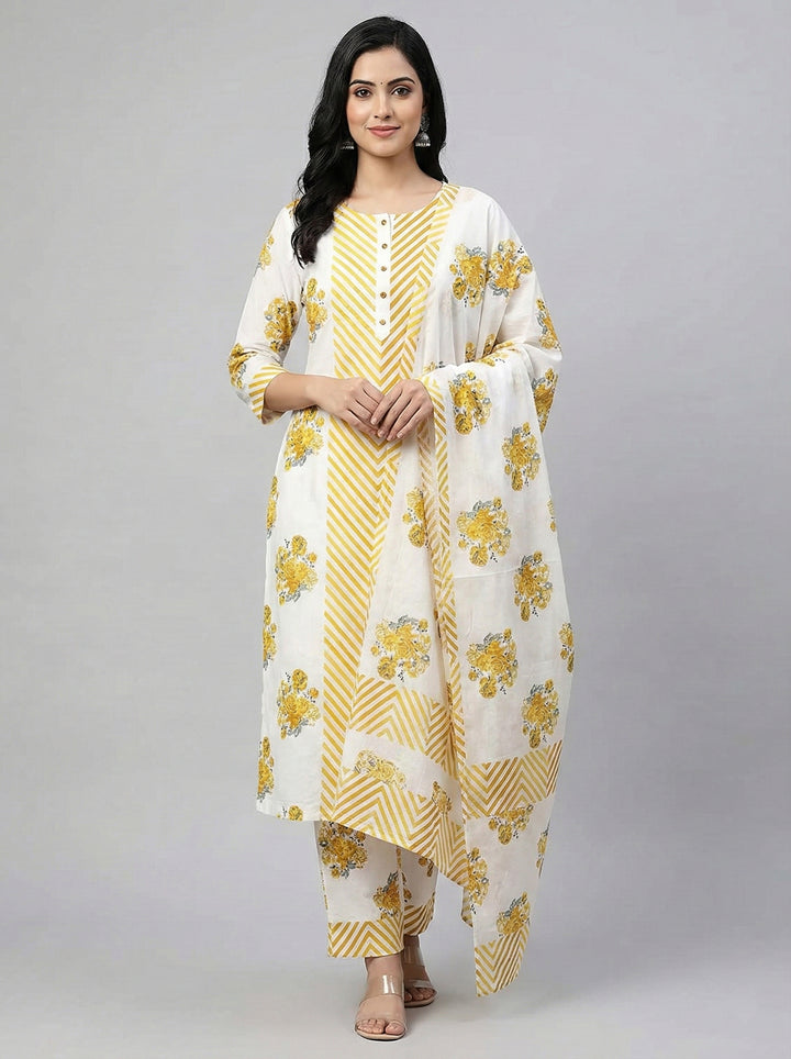 Mustard Cotton Chevron Printed Three Piece Set