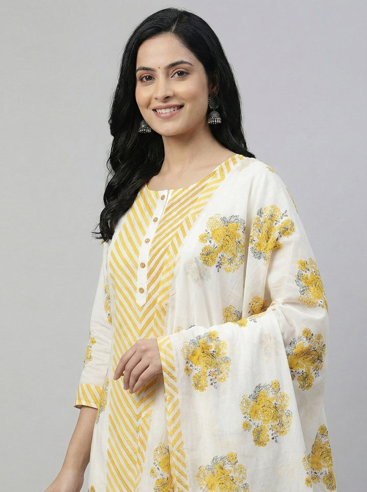 Mustard Cotton Chevron Printed Three Piece Set