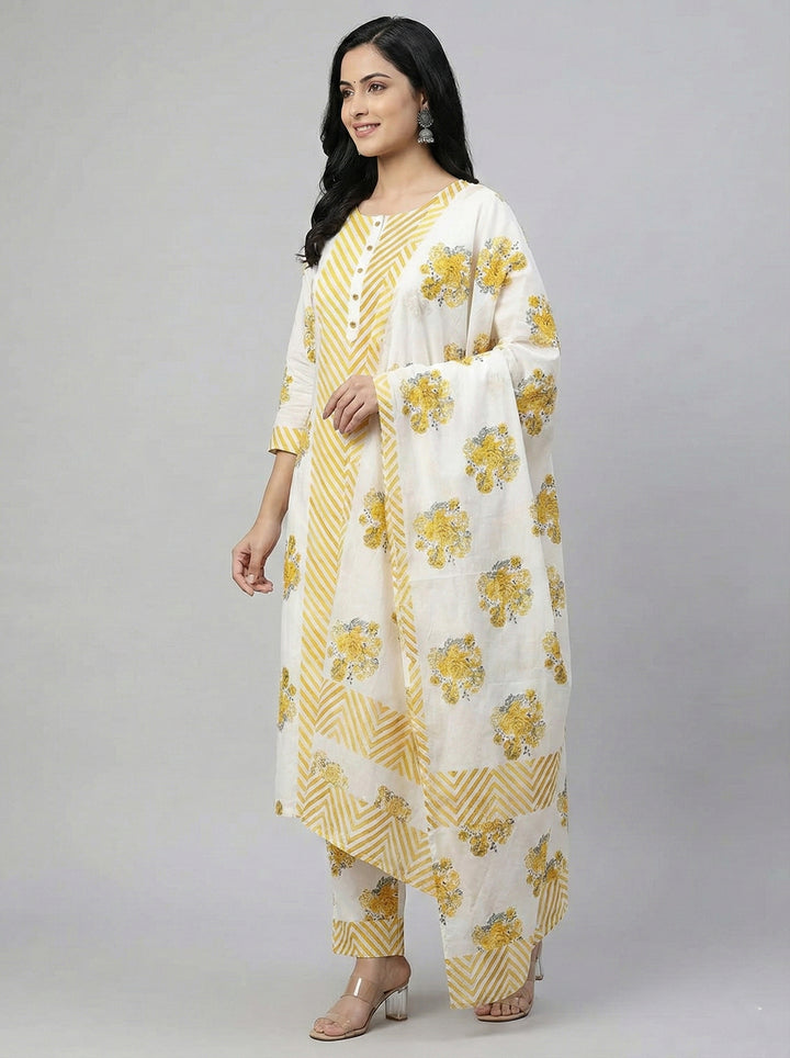 Mustard Cotton Chevron Printed Three Piece Set