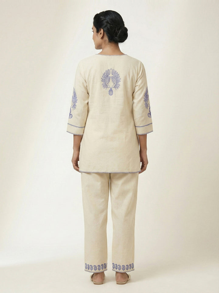 Cream Cotton Floral Embroidered Coord Set