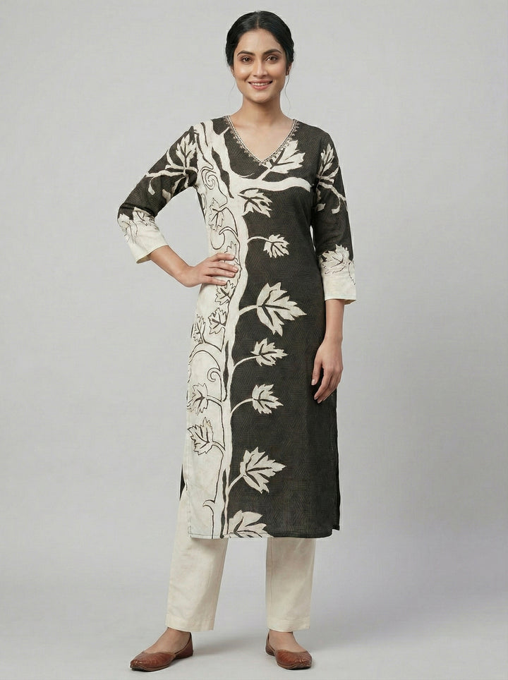 Black Rayon Floral Digital Print Kurta