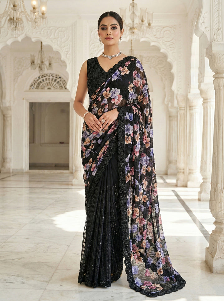 Neerus Black net embellished saree with floral stone work - front view