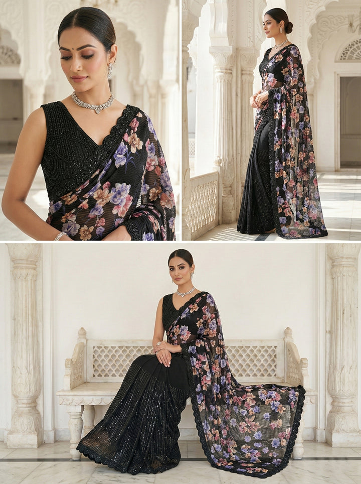 Neerus Black net embellished saree with floral stone work - side view