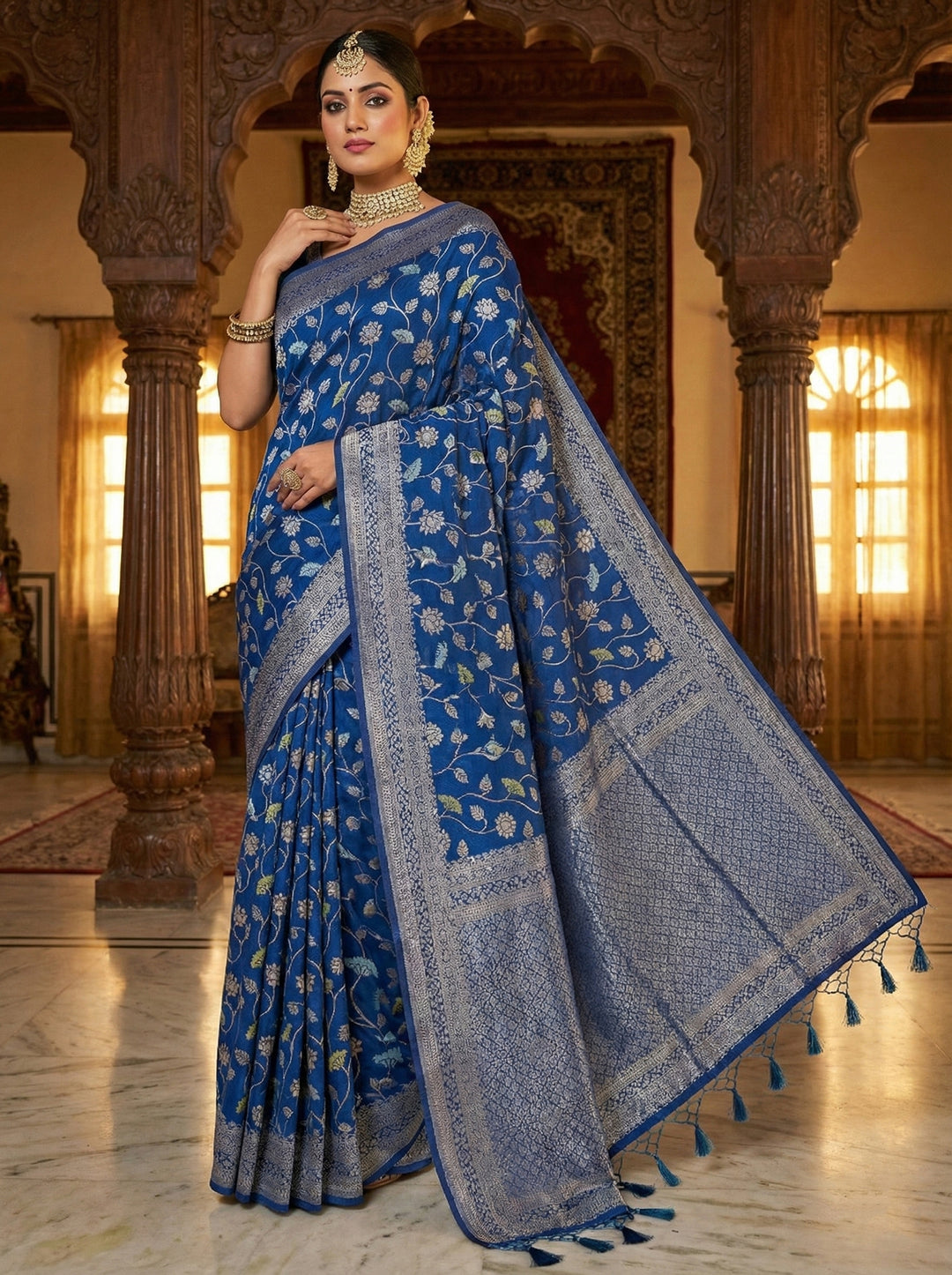 Royal Blue Silk Floral Digital Print Saree