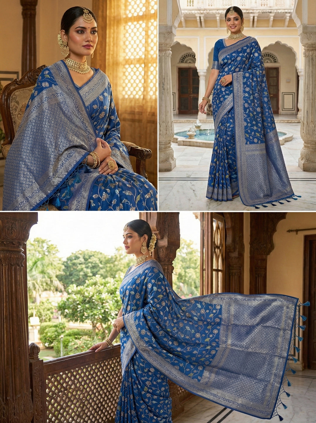Royal Blue Silk Floral Digital Print Saree
