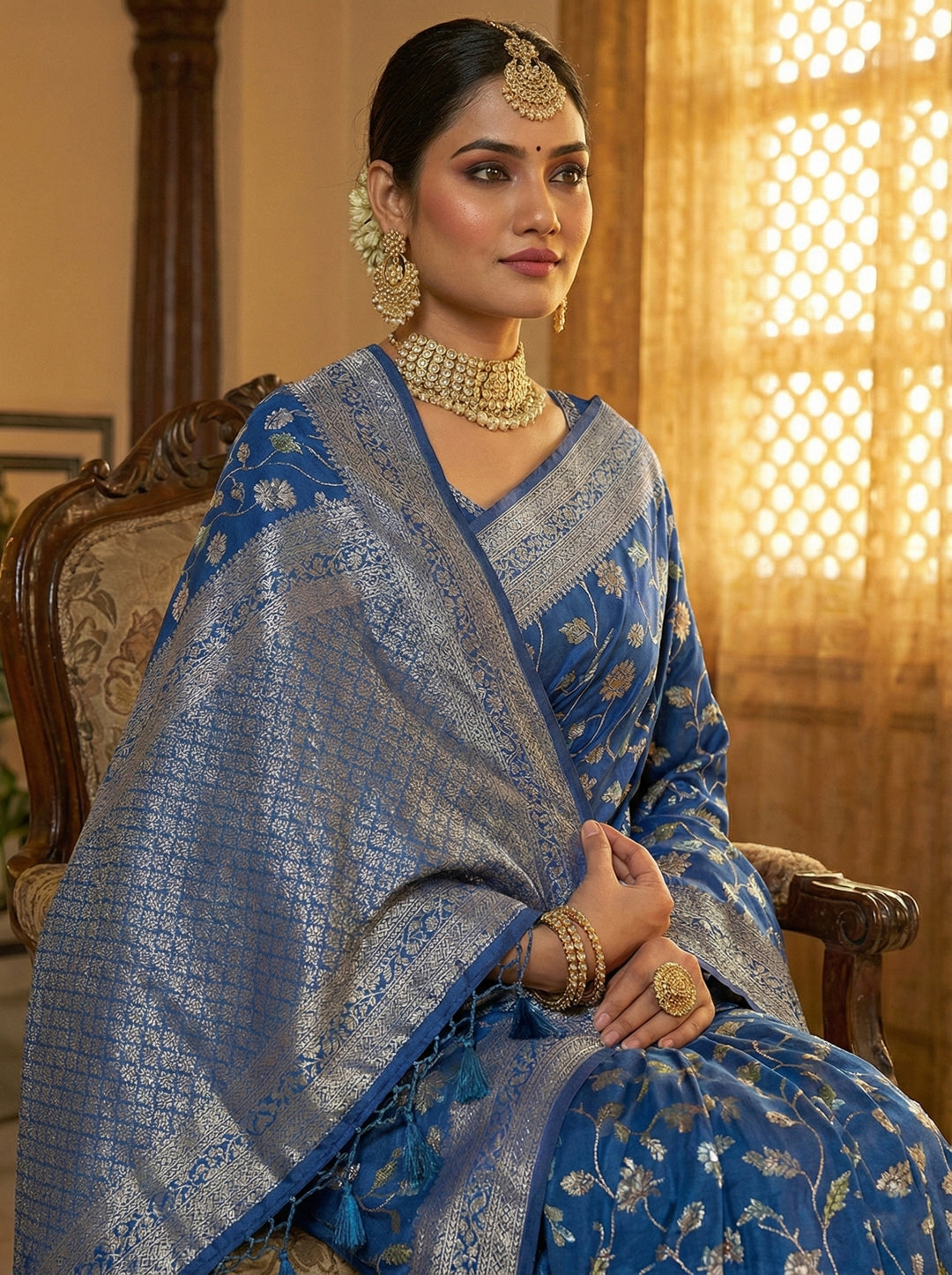 Royal Blue Silk Floral Digital Print Saree