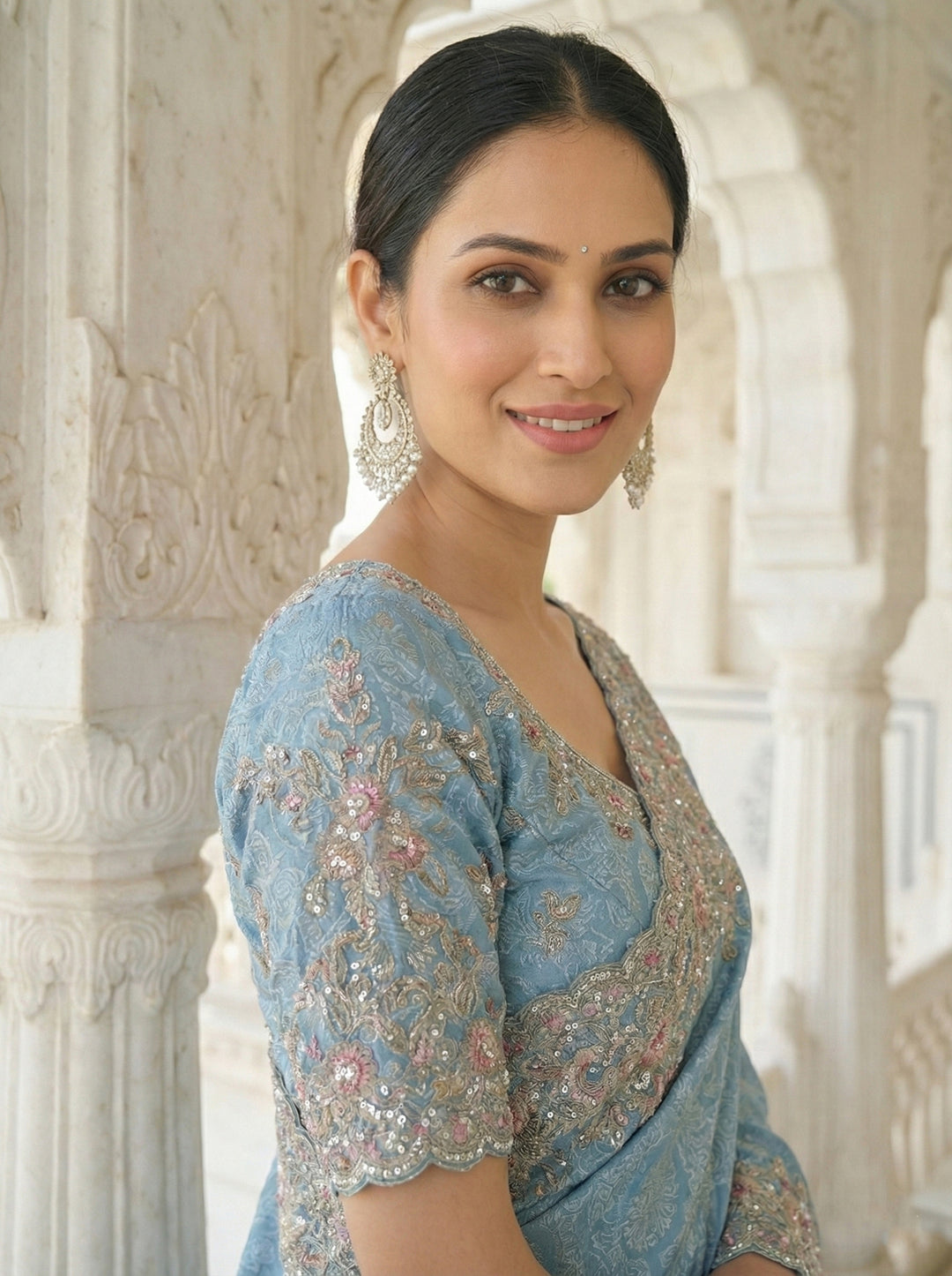Neerus Blue tissue embellished saree - back view