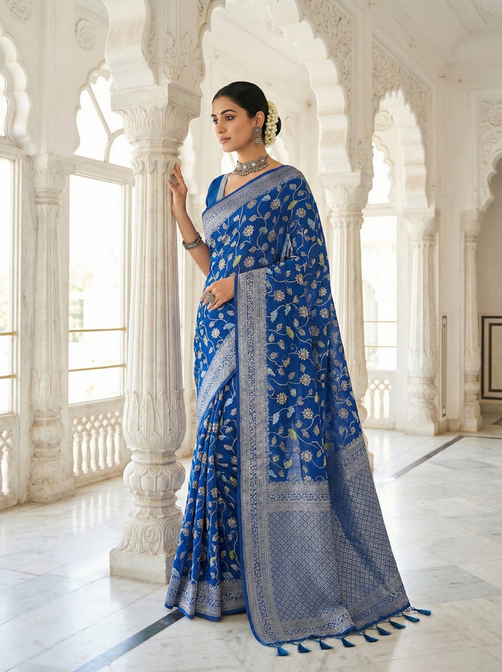 Royal Blue Silk Floral Digital Print Saree