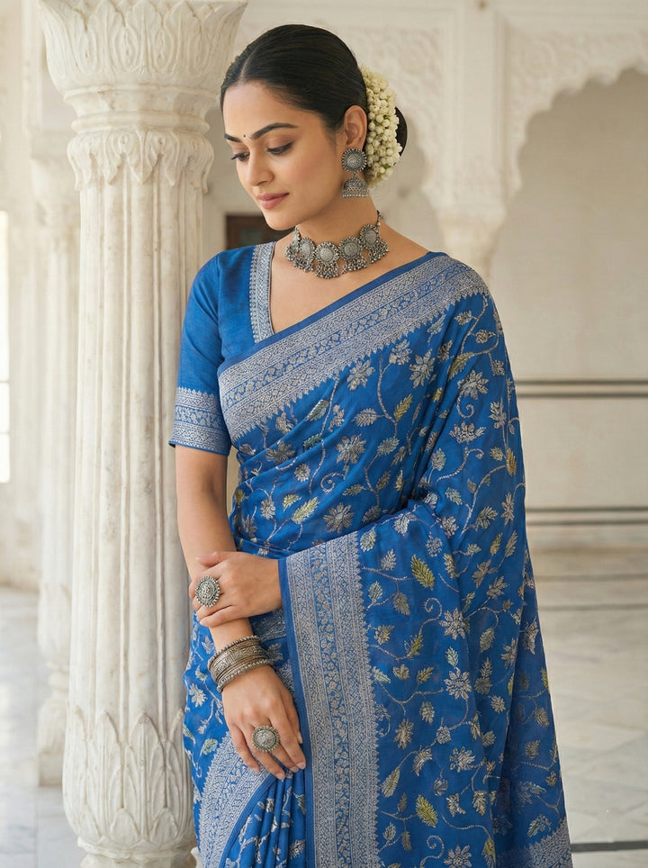 Royal Blue Silk Floral Digital Print Saree