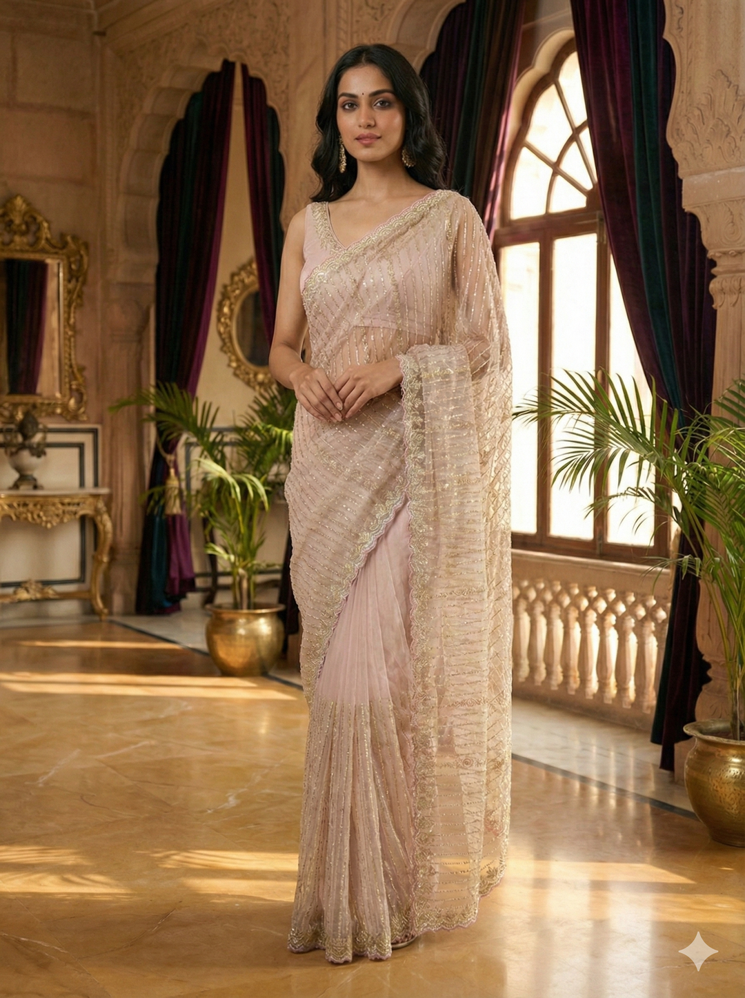 Lilac Net Heavy Hand Embroidery Saree