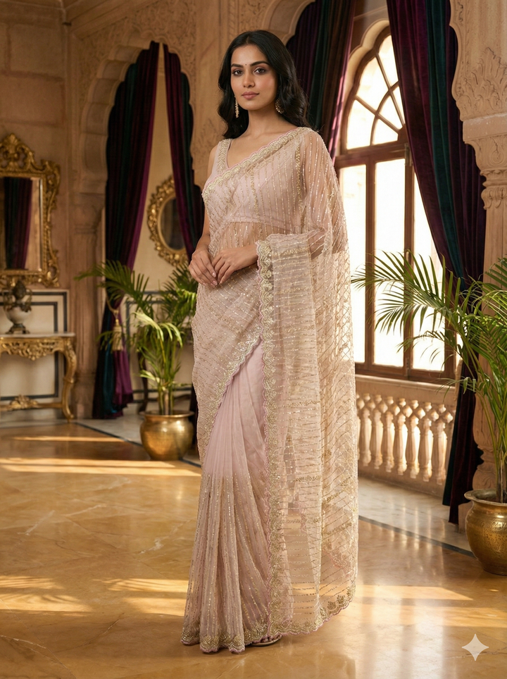 Lilac Net Heavy Hand Embroidery Saree
