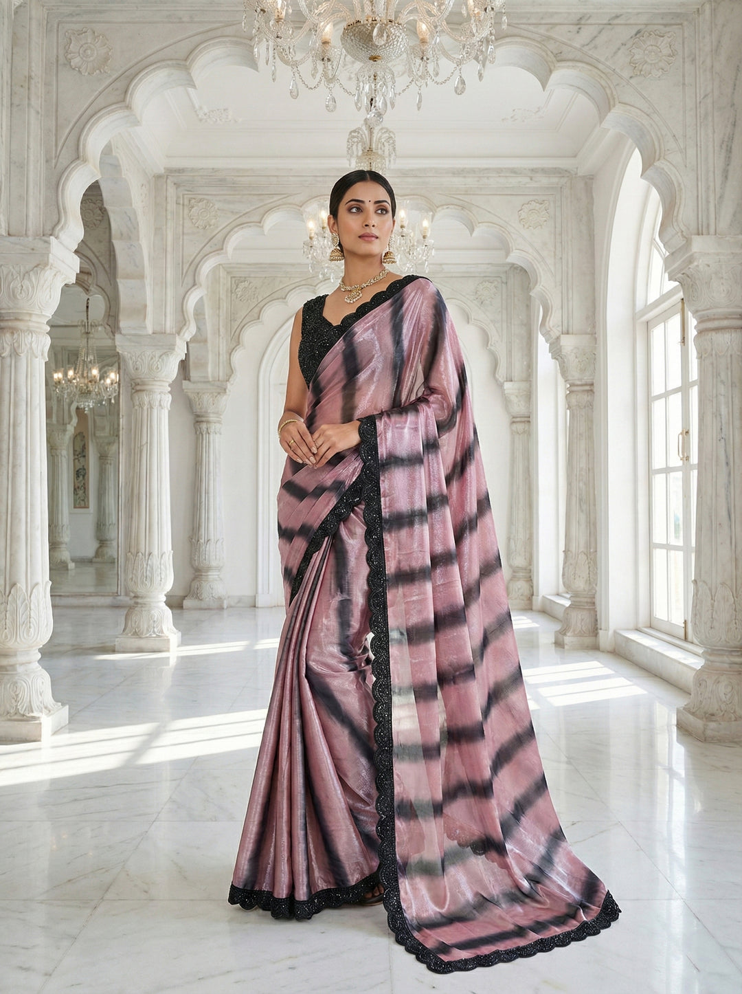 Neerus Pink silk embellished saree with readymade blouse - front view