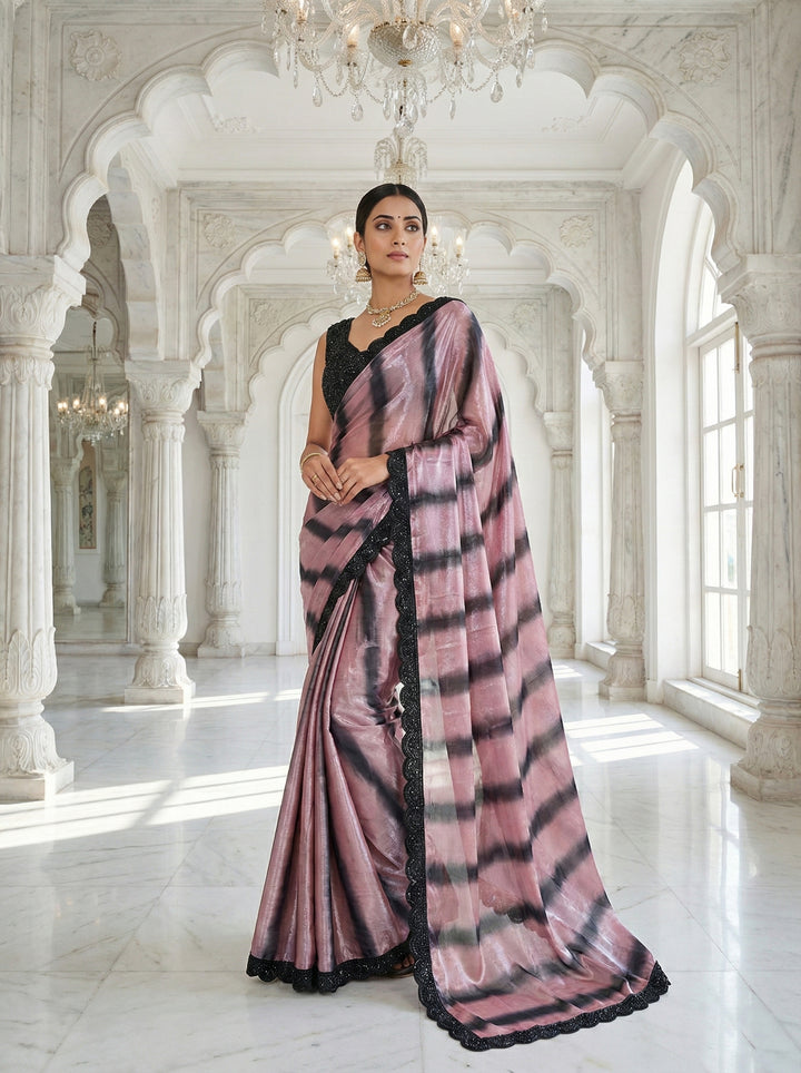 Neerus Pink silk embellished saree with readymade blouse - front view