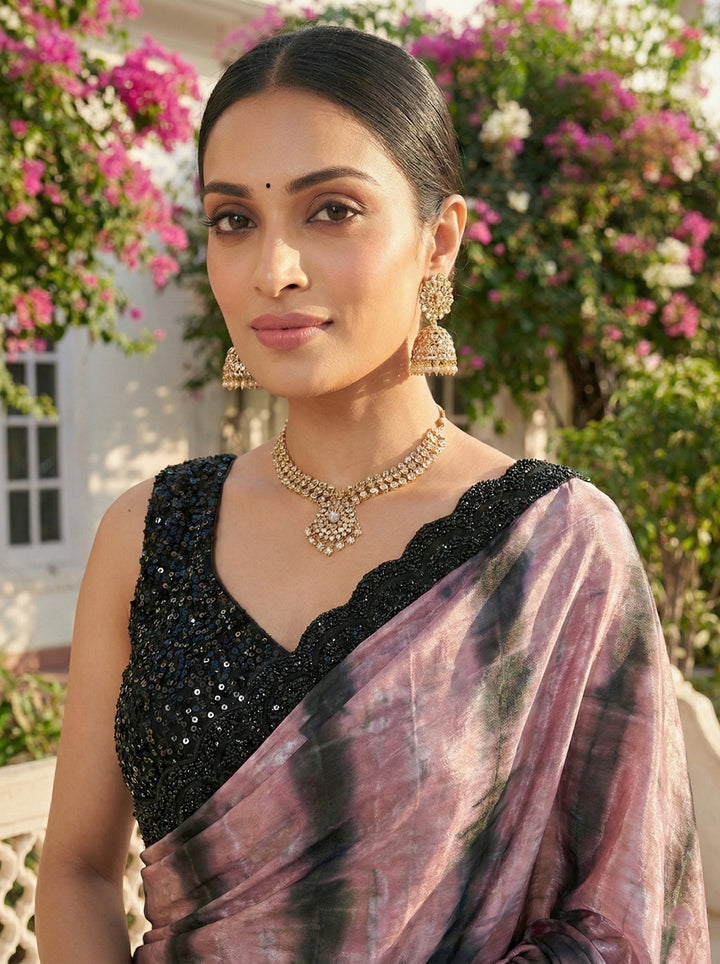 Neerus Pink silk embellished saree with readymade blouse - side view