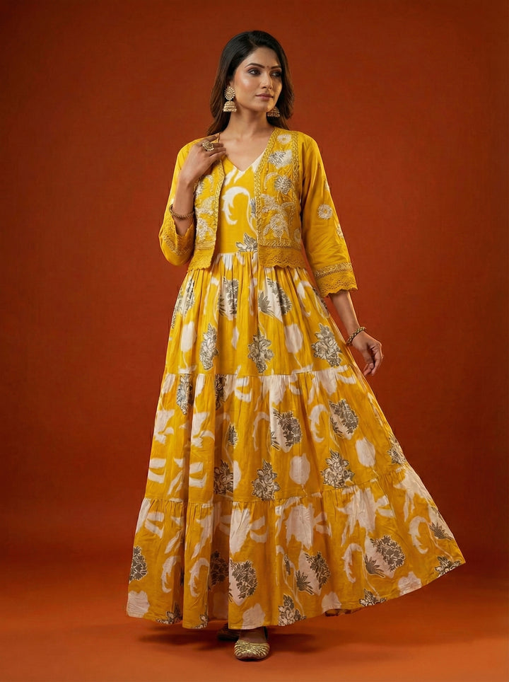 Mustard Cotton Floral Digital Print Long Dress
