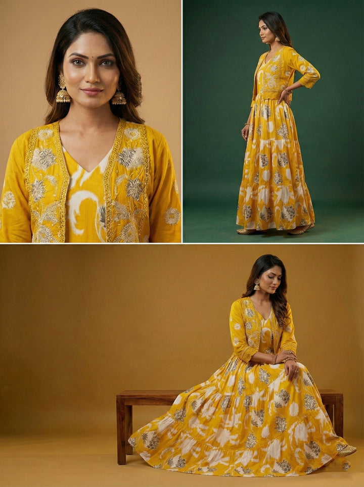 Mustard Cotton Floral Digital Print Long Dress
