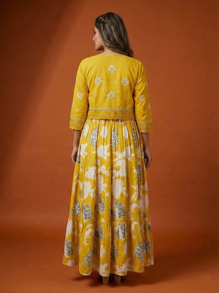 Mustard Cotton Floral Digital Print Long Dress