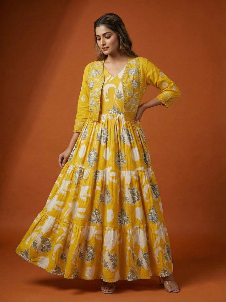 Mustard Cotton Floral Digital Print Long Dress