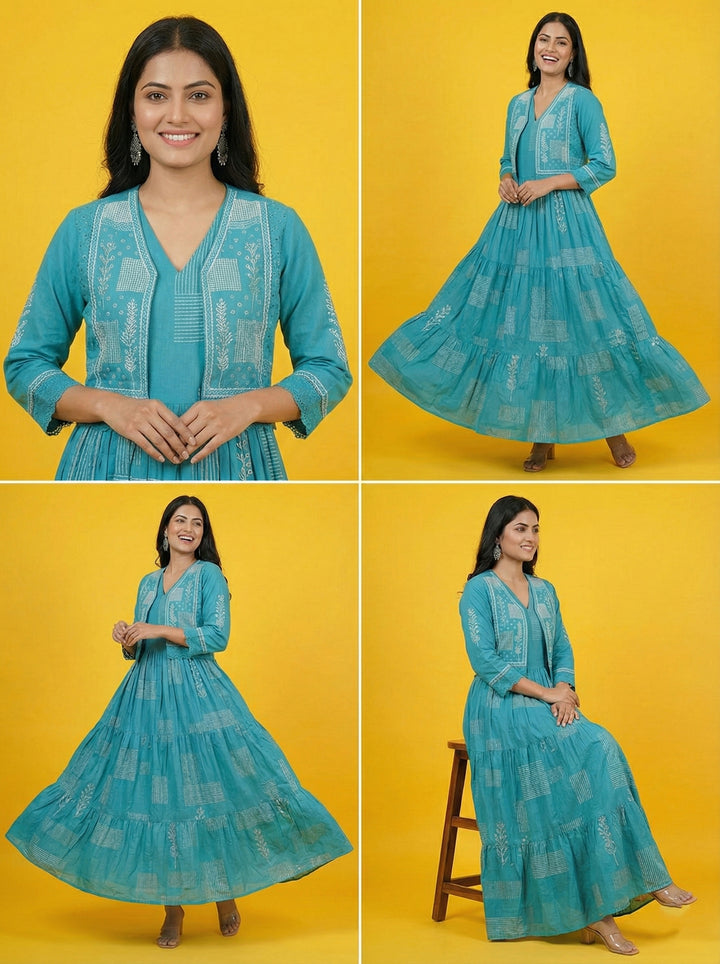 Blue Cotton Digital Print Long Dress