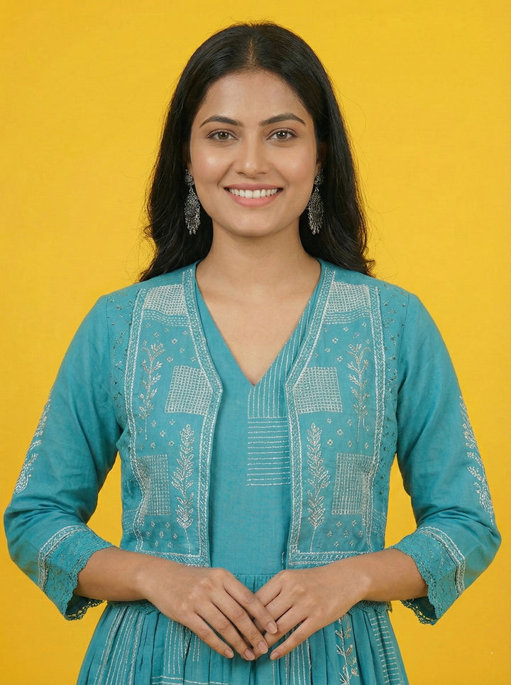 Blue Cotton Digital Print Long Dress