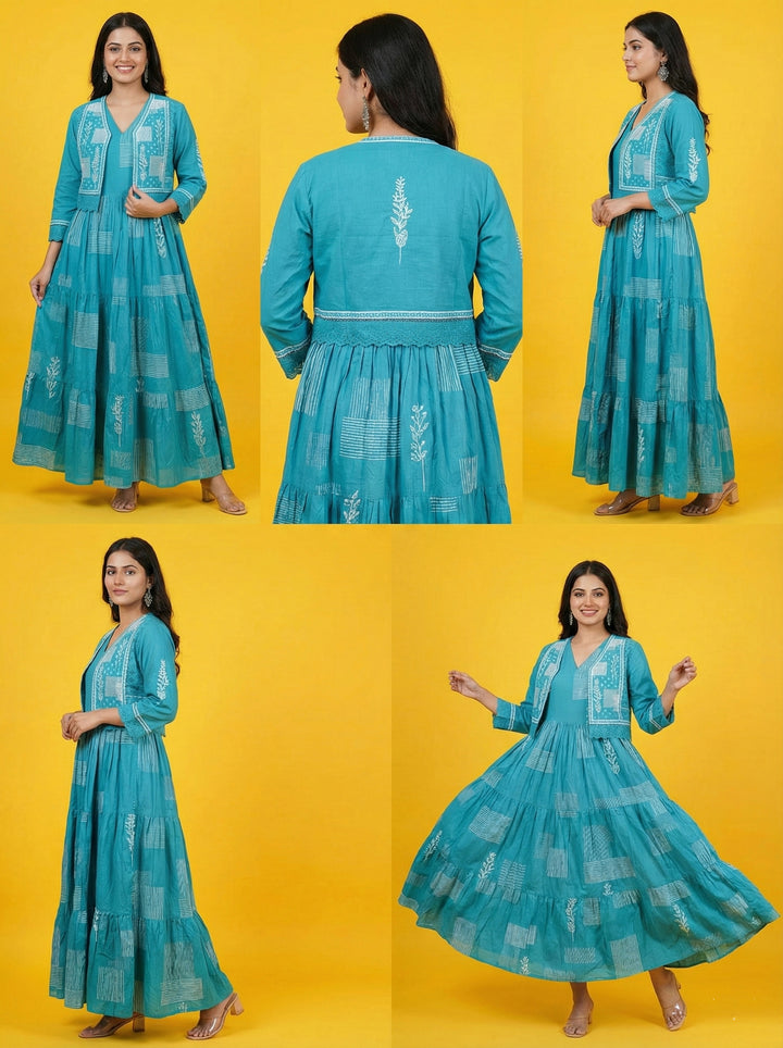 Blue Cotton Digital Print Long Dress