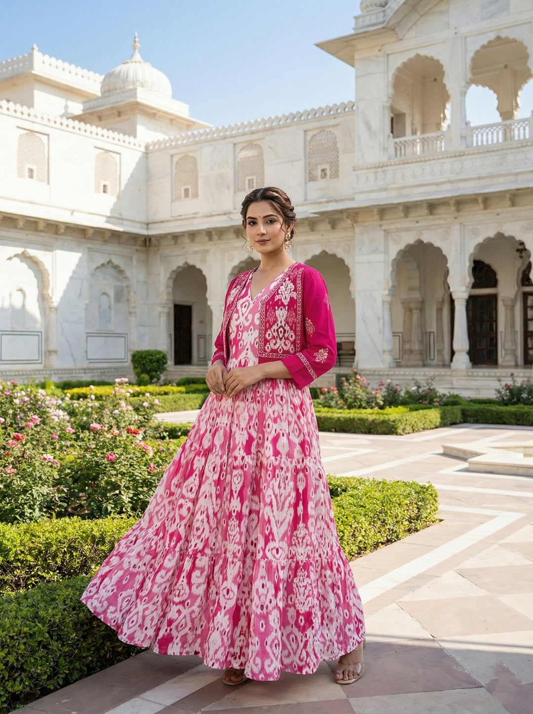 Neerus Pink Ethnic Digital Printed Cotton Maxi Dress for Casual Women Neerus India Neerus Pink Ethnic Digital Printed Cotton Maxi Dress for Casual Women Neerus India