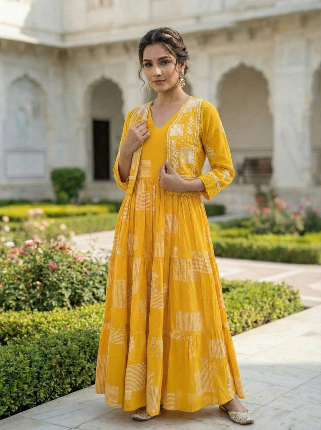 Neerus Yellow Abstract Digital Printed Cotton Maxi Dress for Casual Daily Wear Women – Neerus India
