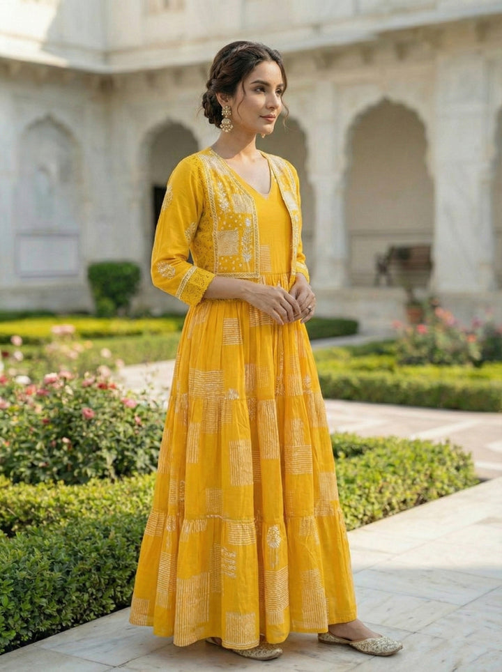 Mustard Cotton Digital Print Long Dress