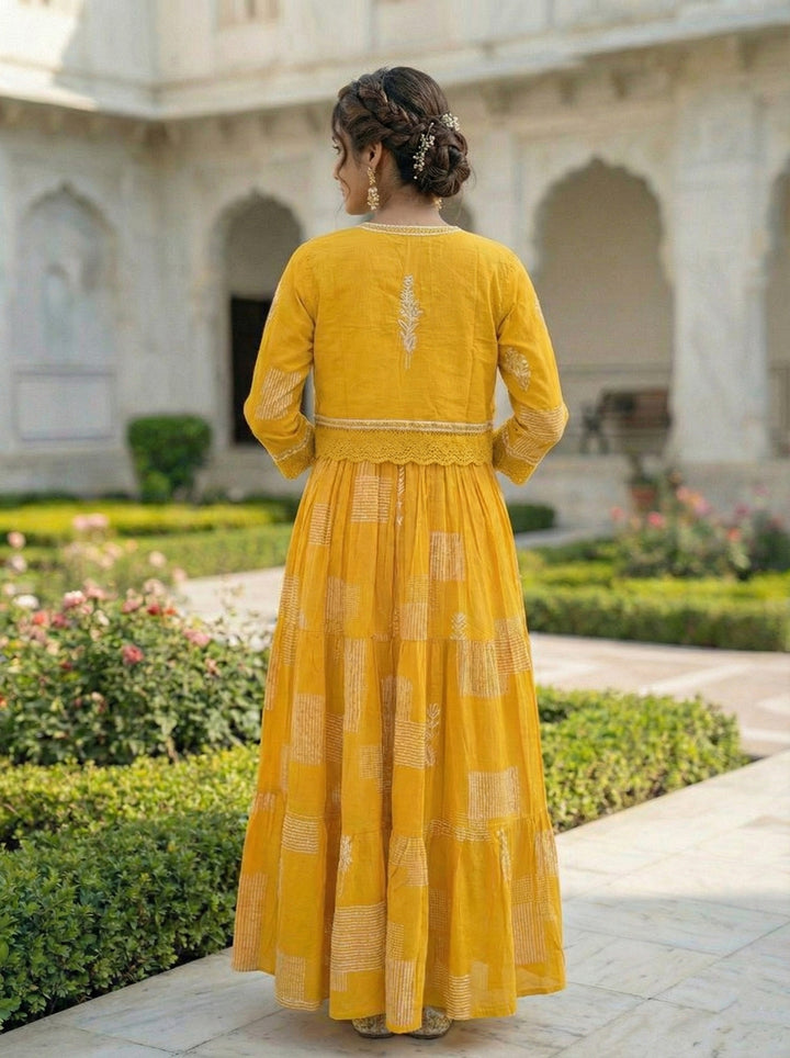 Mustard Cotton Digital Print Long Dress
