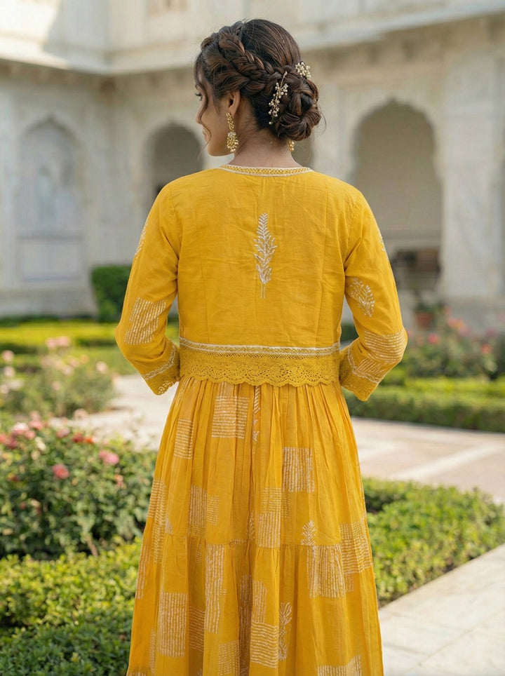 Mustard Cotton Digital Print Long Dress