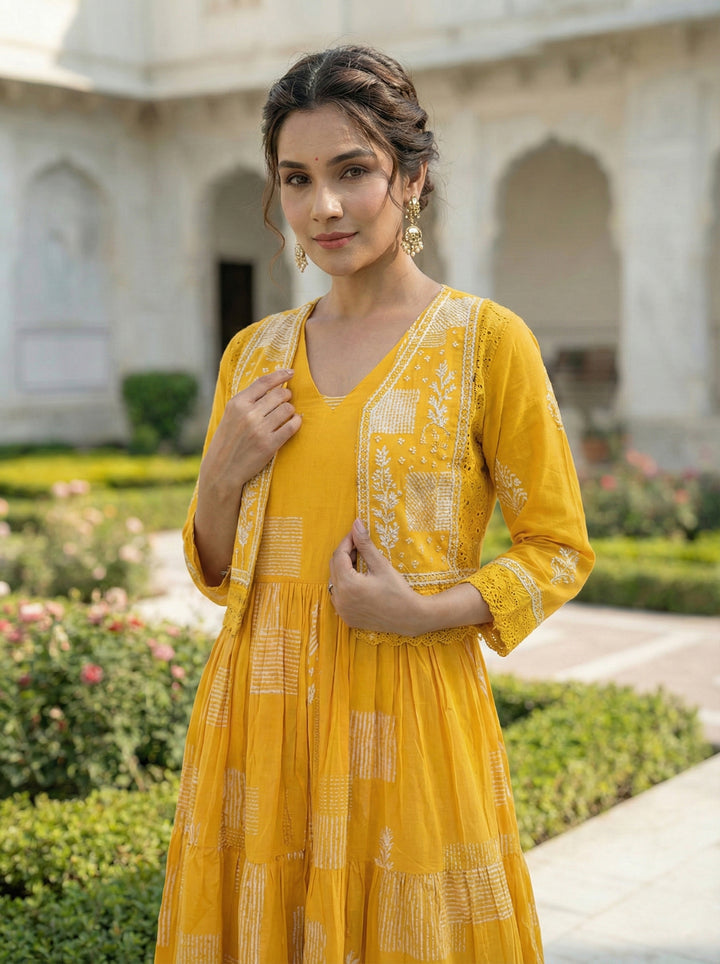 Mustard Cotton Digital Print Long Dress