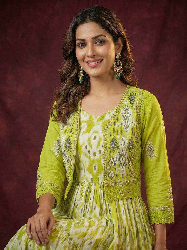 Lime Green Cotton Digital Print Long Dress