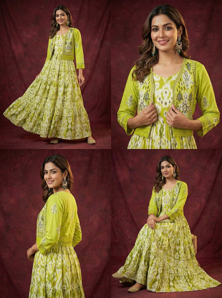 Lime Green Cotton Digital Print Long Dress