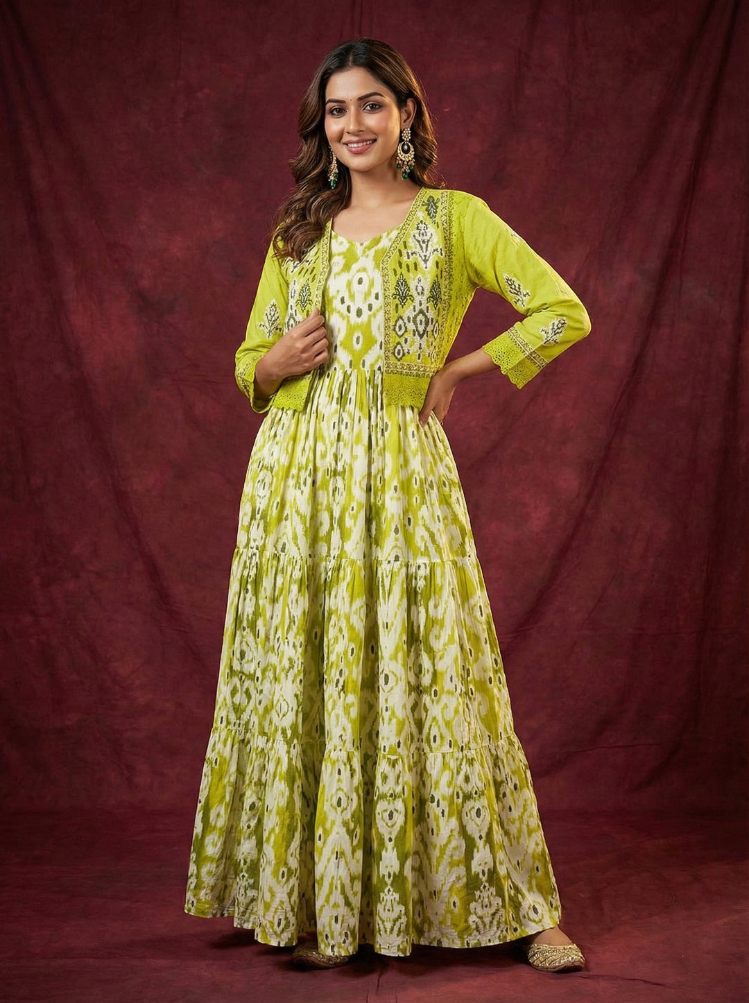 Neerus Green Abstract Digital Printed Cotton Maxi Dress for Casual Women Neerus India Neerus Green Abstract Digital Printed Cotton Maxi Dress for Casual Women Neerus India