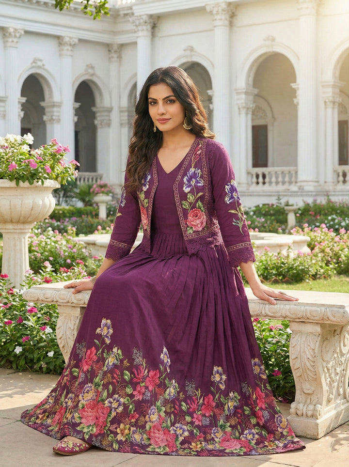 Wine Cotton Floral Digital Print Long Dress