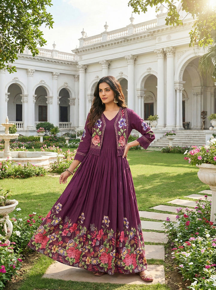 Wine Cotton Floral Digital Print Long Dress