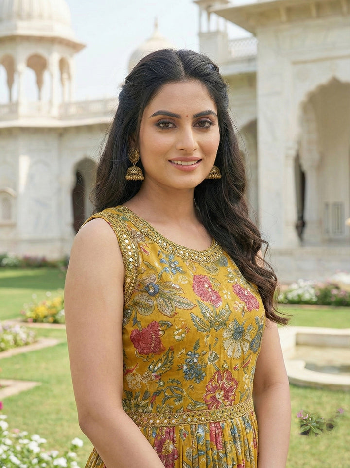 Mustard Rayon Floral Digital Print Long Dress